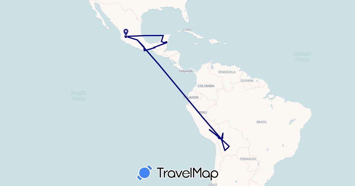 TravelMap itinerary: driving in Bolivia, Mexico, Peru (North America, South America)